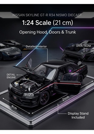 Hobbiez Lisanslı Nissan Skyline Gt-r Model Diecast Car 1/24 Ölçek Metal Standlı Araç