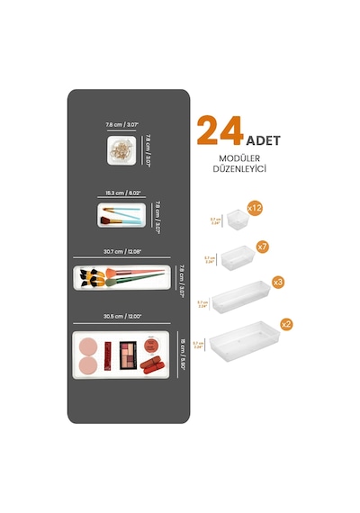 Meleni Home 24'lü Set - Modüler Çekmece İçi Masaüstü Düzenleyici - Takı Organizer Şeffaf