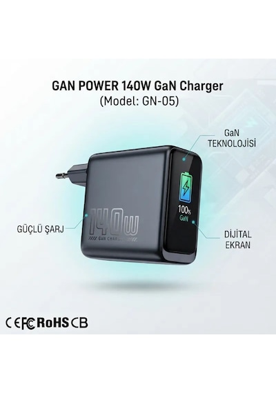 Gan Power Gn-05 140w 4 Portlu Gan Hızlı Şarj Cihazı + 60w Hızlı Şarj Kablosu Hediyeli - Tft Akıllı Renkli Ekran, Yapay Zeka Sıcaklık Kontrollü Adaptör .