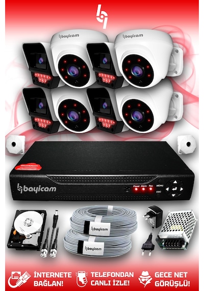 Bayicam 8 Kameralı Süper 4 İç Kamera Set 100 GB 5 MP 2K Net Gece Görüşlü Güvenlik Kamerası Sistemi