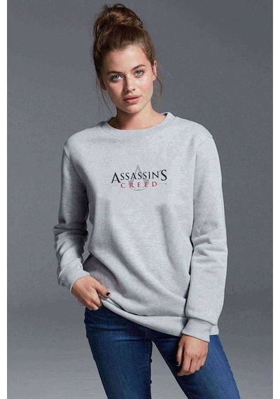 Creed Logosu Assassins Creed Tam Logosu Baskılı Gri Kadın Sweats