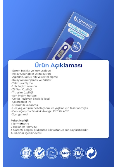 Lumino Esnek Uçlu Dijital Ateş Ölçer 2'li Set - Sesli Uyarı & Hafızalı Termometre - Bebek & Yetişkin