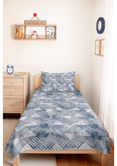 Mavi Geometrik Genç Odası Tek Kişilik Pike Takımı - Gri Minimal 160x220 Cm Kapitone Yatak Örtüsü Bordo
