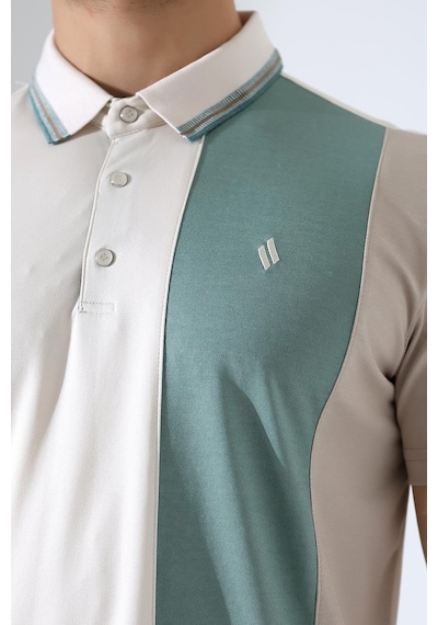 Rıbana Classıc Erkek Çizgili Şerit Detaylı Pamuklu Polo Yaka T-shirt Ekru