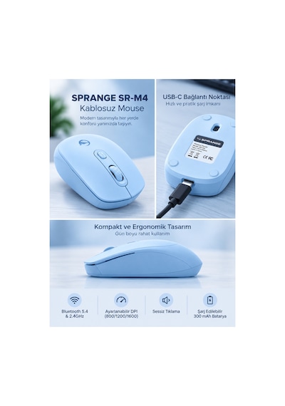 Sprange Sessiz Tık Şarj Edilebilir Kablosuz Mouse - Bluetooth 5.4 & 2.4ghz Çift Modlu Mouse Sr-m4 Mavi Sprange Sessiz Tık Şarj Edilebilir Kablosuz Mouse - Bluetooth 5.4 & 2.4ghz Çift Modlu Mouse Sr-m4 Mavi