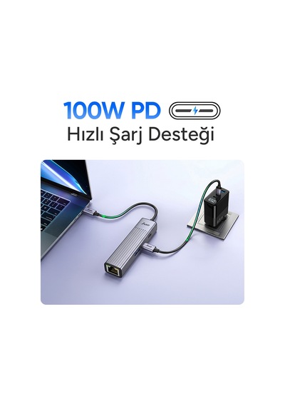 Juo Type-c 4 Portlu 1x Usb-a 1x Type-c Rj45 Gigabit Ethernet 100w Pd Şarj Girişi Çoklayıcı Dönüştürücü Hub
