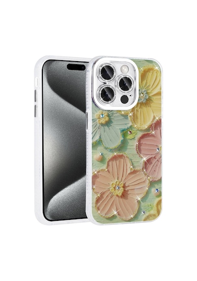 Zore İphone 15 Pro Max Kılıf Çiçek Desenli Parlak Taşlı Sert Silikon Ogaa Garden Kapak - Colorful