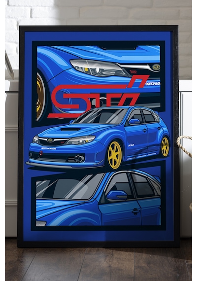 Subaru Impreza Wrx Stı Siyah Ahşap Çerçeveli Poster, Dekoratif Araba Duvar Tablosu