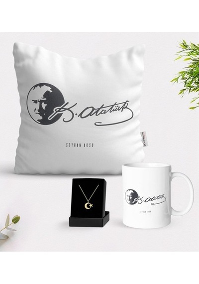 Kişiye Özel Atatürk Temalı Kupa Yastık Ve Ay Yıldız Kolye Hediye