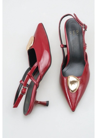 Sermoda Topuklu Kadın Ayakkabı - 5 Cm İnce Topuklu Sivri Burun Arka Açık Stiletto Ayakkabı Bordo Yanki
