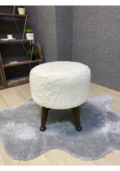 Asedia Miskin Ceviz Teddy Krem Ahşap Ayaklı Peluş Puf Makyaj Koltuğu Yuvarlak Tabure