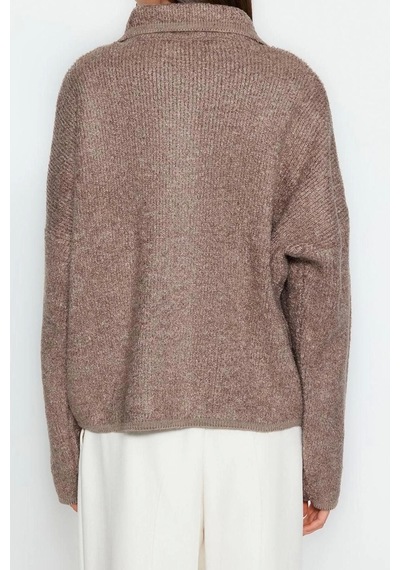 Ersefa Kadın Modern Tarz Oversize Polo Yaka Regular Triko Hırka VIZON