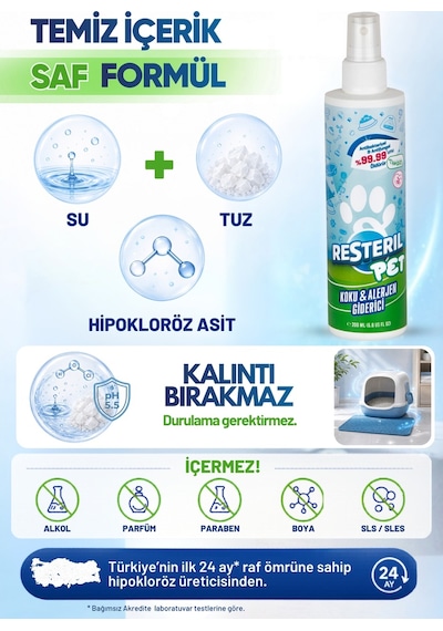 Resteril Parfümsüz Kedi Kumu Tuvaleti Koku  Evcil Hayvan Hijyen Spreyi 200 ML