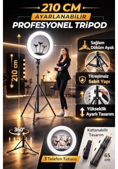 21 İnç 54 Cm Profesyonel Ring Light 210 Cm Ayarlanabilir Tripodlu, 3'lü Telefon Tutuculu, 3 Işık Modlu, Parla