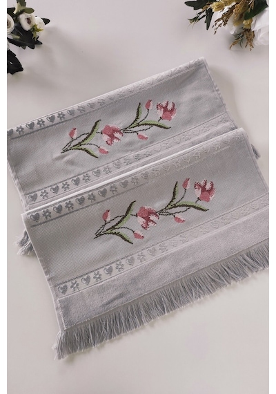 Gül Nakışlı Jakarlı Kadife El Yüz Havlusu - 50x90 Cm-gri Grı Gri