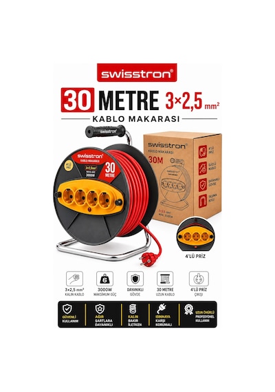 Swisstron Sws30mek 30 Metre Makaralı Uzatma Kablosu 3x2,5 Mm² 4 Prizli Bakır Sargılı Çok Yönlü 30 M