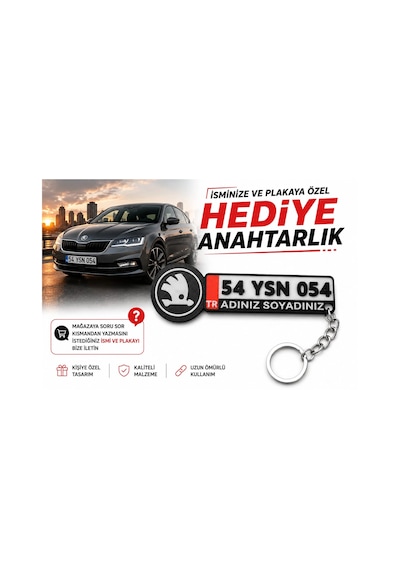 Skoda Logolu Ve Plakalı Anahtarlık , Kişiye Özel - Hediyelik Skoda Araç Plaka Anahtarlık - Plakalık
