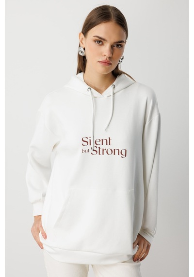 Mizalle Yumuşak Dokulu Kapüşonlu Ekru Sweatshirt Ekru