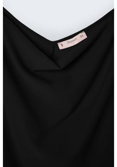 Sateen Askılı Degaje Yaka Bluz - Siyah-137661