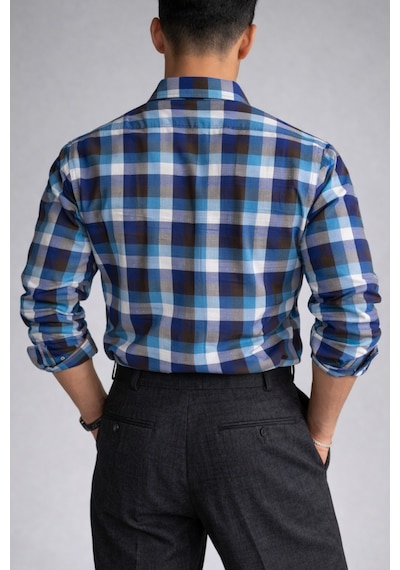 Erkek Ekose Gömlek Slim Fit Pamuklu Uzun Kollu Günlük Şık Gömlek Lacivert