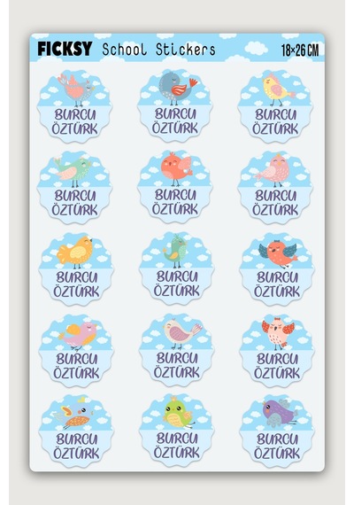 Özel Isim Yazılabilen Okul Etiketi Defter Kitap Için Kuş Temalı Sticker Seti 15 Adet Çıkartma Diğer