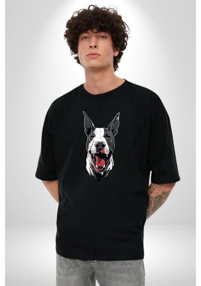 Doberman Kırmızı Dil Siyah Dik Kulak Pamuklu Bisiklet Yaka Kadın Erkek Oversize Boyfriend Dijital Baskılı Siyah T-shirt Siyah