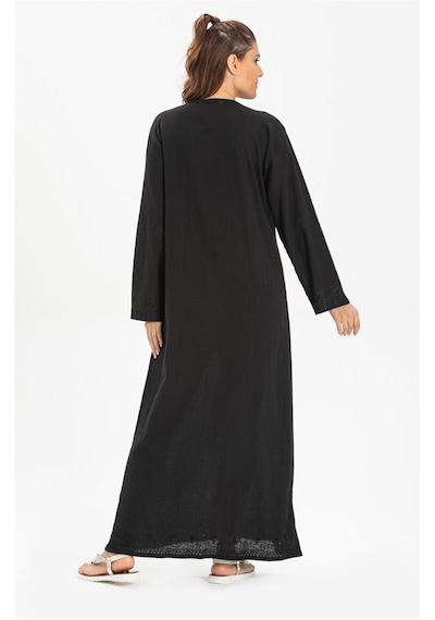 Eliş Şile Bezi Uzun Kol Şile Bezi Simli Kaftan Midi Boy Elbise Siyah