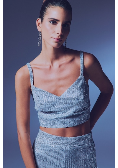 Sateen Kalın Askılı Payet Crop - Gri-135342 Gri