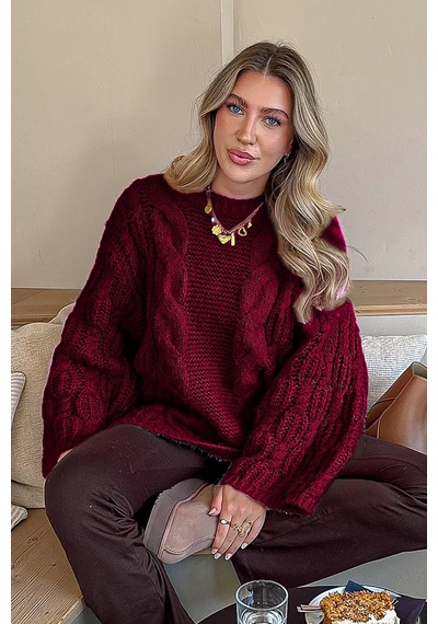 Madmext Bordo Bisiklet Yaka Örgü Desen Kadın Triko Kazak Mg2601 Bordo