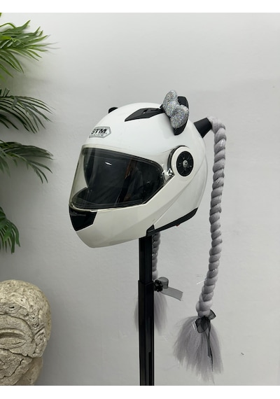 Motor & Motosiklet Gri Simli Çift Örgü Saç Ve Hologram Fiyonklu Kedi Kulak Set Kask Dış Aksesuarı Diğer