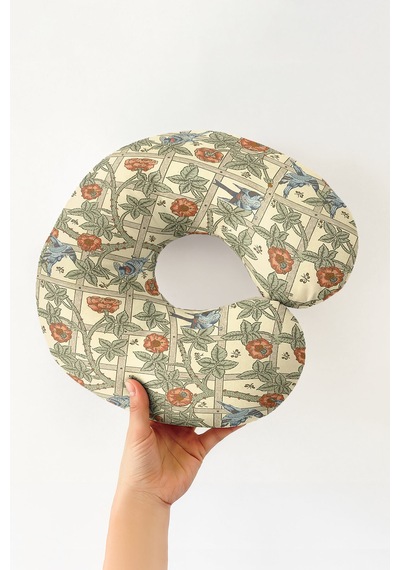 Vintage Çiçekli Kuşlu Ergonomik Boyun Yastığı - Doğal Krem Turuncu Yumuşak Seyahat Yastığı Çok Renkli