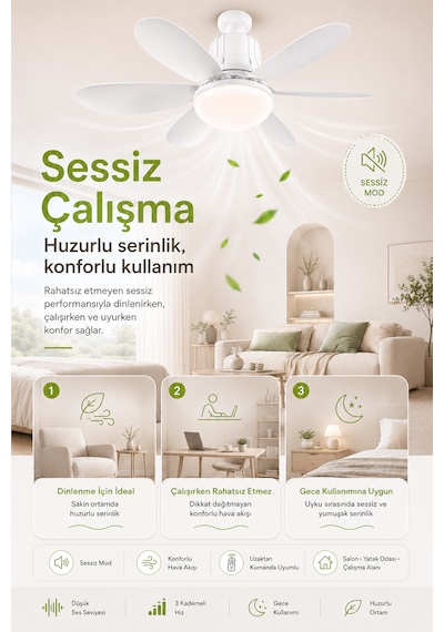 Goes Tavan Vantilatörü Led Işık 3 Kademe Hız Modu Sessiz 52 Cm Çap 6 Kanat Kumandalı Vantilatör