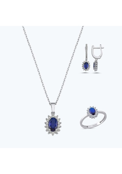 Altınbaş Mavi Taşlı Altın Üçlü Oval Set Autk0020-b-24627-l-set
