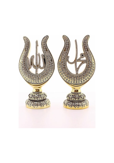 Orta Boy Biblo 22 Cm Lale Lafız 2'li Gold Allah Muhammed Polyester Üzerine Metal Kaplama Biblo
