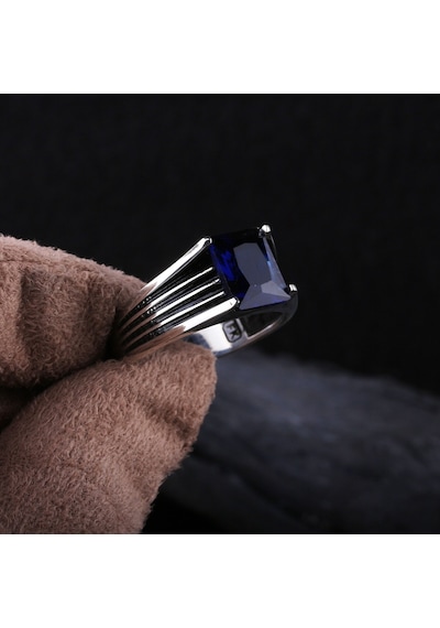 925 Ayar Gümüş Baget Safir Taşlı Erkek Yüzük Silver