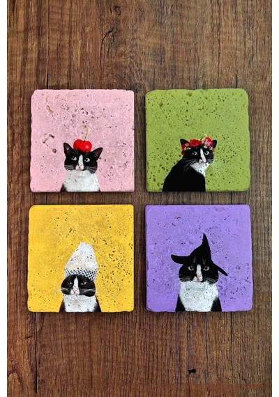 Doğal Taş Bardak Altlığı Renkli Kedi Baskılı 4'lü Set Çok Renkli