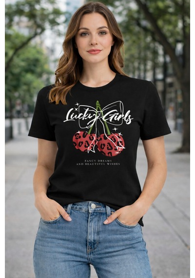 Herkesemoda Luck Girls Baskı Detaylı Basic T-shırt Siyah