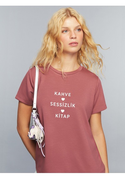 Lcw Everyday Pembe Bisiklet Yaka Slogan Baskılı Kadın Tişört