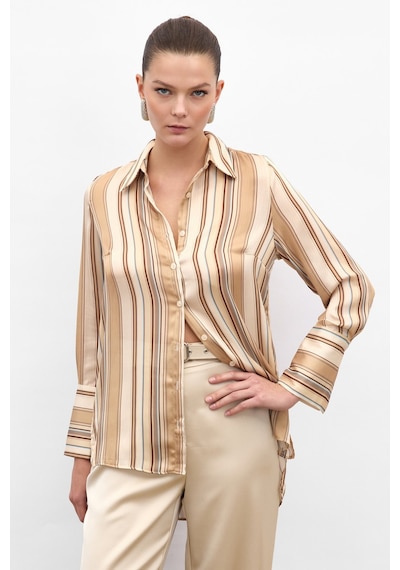 Sateen Renkli Çizgili Gömlek - Camel-136814 CAMEL