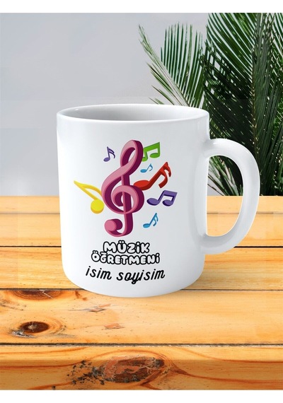 Müzik Öğretmeni Baskılı Kupa Bardak İsimli Kişiye Özel Sol Ve Renkli Nota Çok Renkli