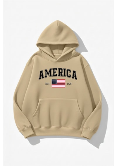 Uyguntarz Unisex Yumuşak Dokulu America Baskılı Tasarım Oversize 3 İplik Hoodie Sweatshirt Bej
