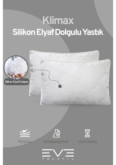 2 Adet Klimax Beyaz Serisi Kılıflı Fermuarlı Klimali Antialerjik Silikon Nano Elyaf Yastık 50x70cm Beyaz