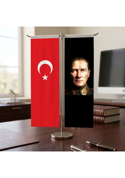 Gazi Mustafa Kemal Atatürk Ve Türk Bayrağı Kırlangıç T Tipi Masa Bayrak Takımı Diğer