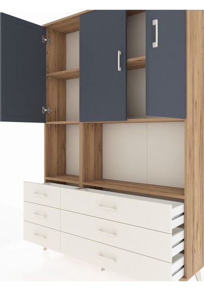 Arges Dolap 6 Raflı 6 Çekmeceli 3 Kapaklı 132x30x195 Çam-antr... Çam