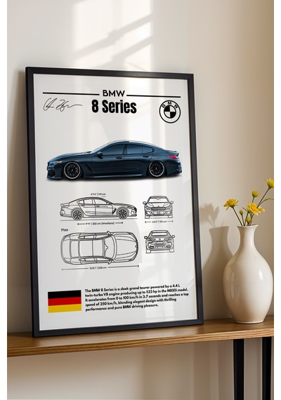 Bmw 8 Serisi Tablo - Teknik Özellikli Alman Grand Tourer Poster - Çerçeveli Duvar Dekoru - Blueprint Siyah