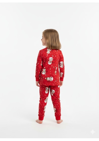 Unisex Kardan Adam Desenli Pijama Takımı Kışlık %100 Pamuk Kırmızı