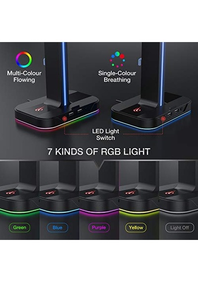 Havit Çift Kulaklık Askısı, 2 Usb Bağlantı Noktası, Rgb Kulaklık Tutucu, Oyuncular İçin, Pc İçin, Siyah Th650