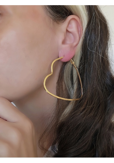 Kalp Model Halka Gold Renk Çelik Küpe 6cm Altın