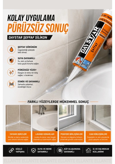 Daystar Şeffaf Silikon Mastik 290 Gr Güçlü Yapışma Suya Dayanıklı Banyo Mutfak Cam Pvc İç Ve Dış Mek Çok Renkli