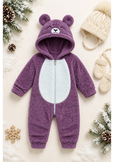 Kız Erkek Bebek Welsoft Peluş Tulum Kapüşonlu Fermuarlı Kışlık Bebek Tulumu Ayıcık Desenli Yumuşak Polar Tulum Mor
